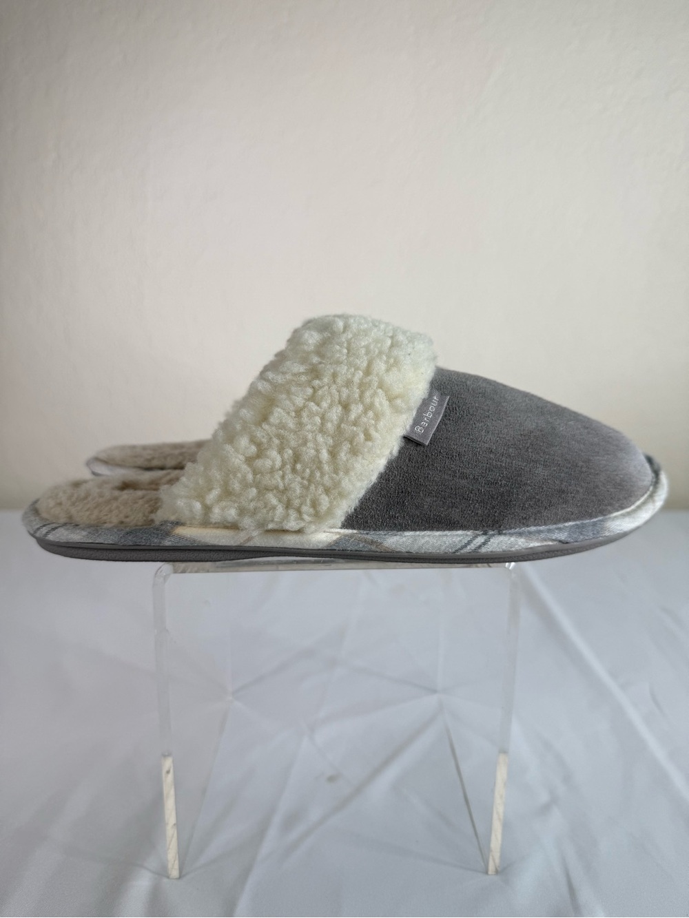 Barbour Lydia Grey Leather Faux Fur Shearling Lined Mules Slippers Size 6 GUC